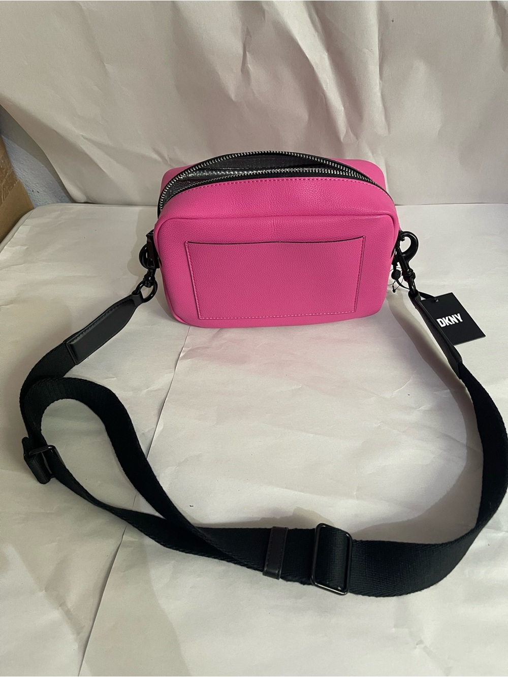 DKNY Hot Pink Pebbled Crossbody Camera Bag with Black Strap
